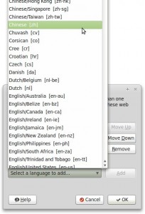 A screenshot of the add languages drop-down in Firefox's preferences