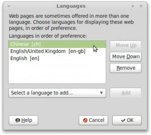 A screenshot of the language preferences list in Firefox's settings